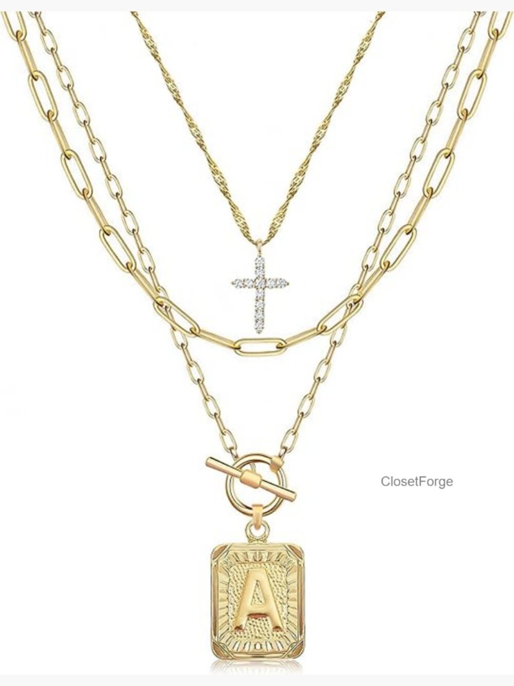Layered Initial Necklace Set with Cross Pendant 14K Gold Plated Brass Chain